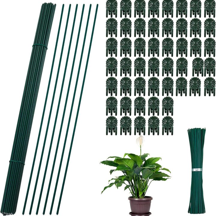 50件塑料涂层铁丝15.9英寸单茎植物支撑桩50件园艺夹藤蔓固定夹